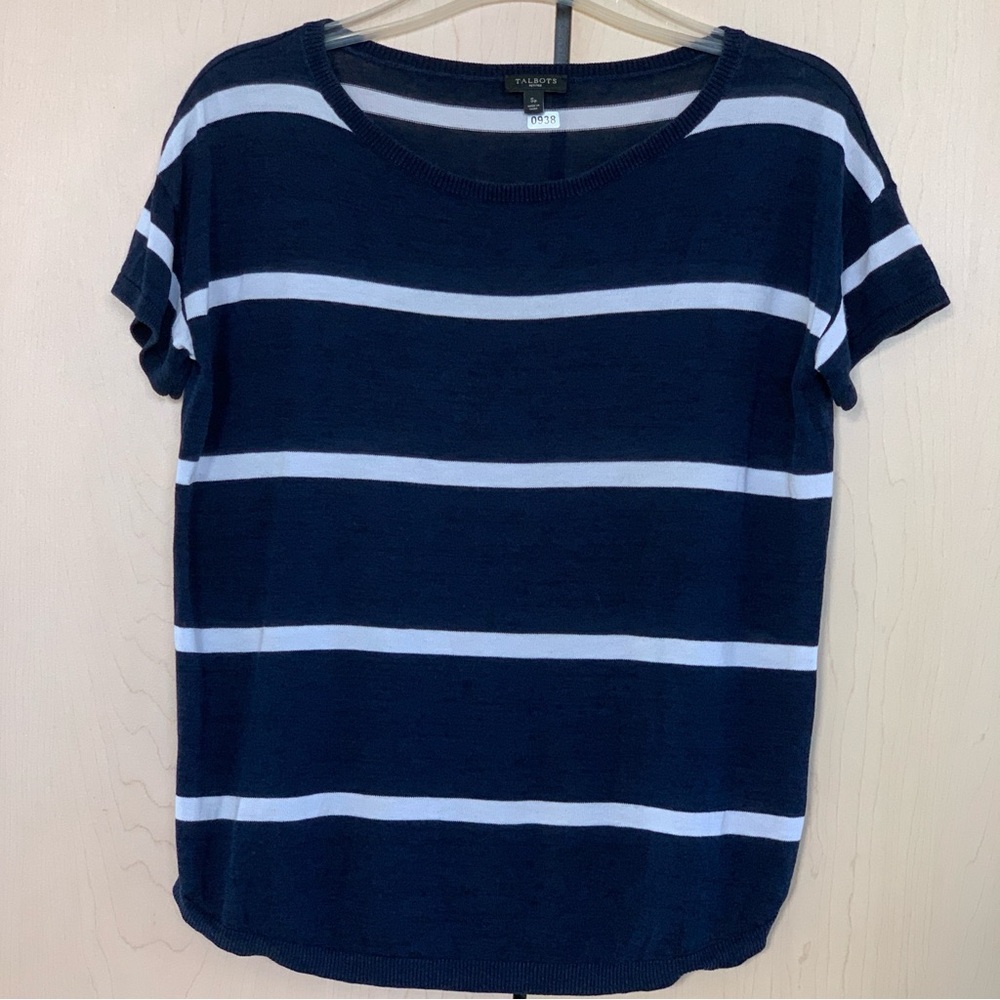 Talbots Top Women's Short Sleeve‎ Crew Sweater Stripe Navy White Petite Size Sp